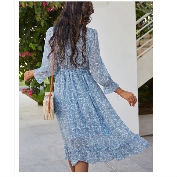 blue dress with long sleeves and ruffles summer dress M - Picture 2 of 7